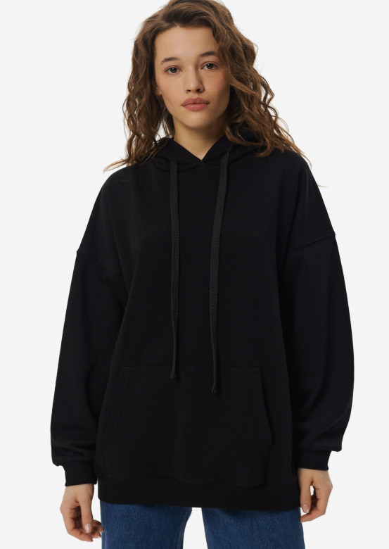 Black three-thread hoodie with a hood